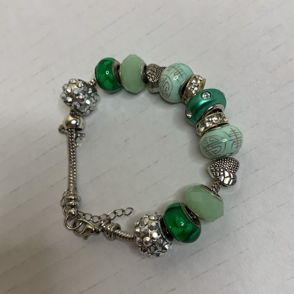 Silver Charm Bracelet | Green Jewels Chinese Writing Charms Hearts Letter A - Picture 4 of 5